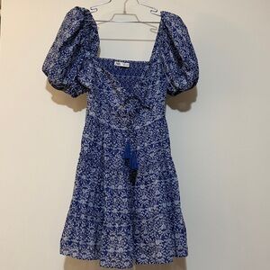 Zara | Blue Patterned Puffed Sleeves Mini Dress M